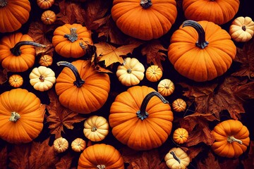 A top down view of various sized pumpkins and autumn leaves against a dark background.  A.I. generated art.
