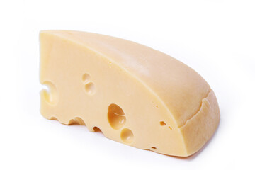 Piece of delicious cheese on white background