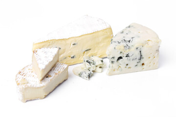 Sliced blue cheese on a white background