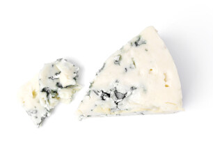 Sliced blue cheese on a white background