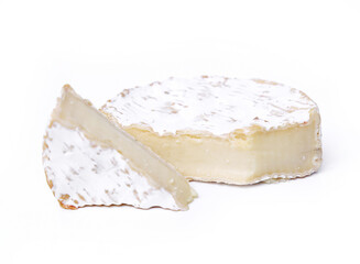 Fresh camembert cheese with sliced camembert isolated on a white background