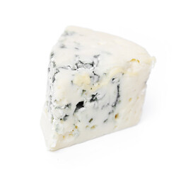 A slice of delicious blue cheese on a white background 