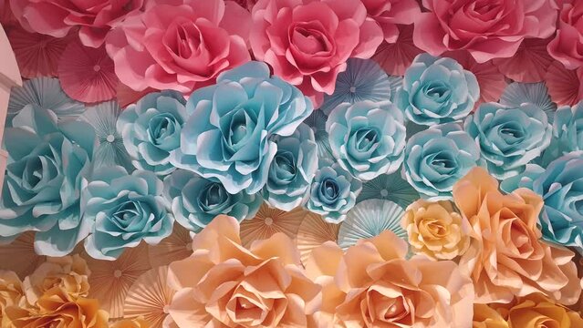 Paper flower folding flatlay on wall as wedding greeting event background floral backdrop art