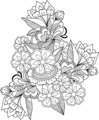 Bouquet of doodle floral hand drawn outline sketch vector illustration beautiful ornamental Flowers branch of  natural collection black an white isolated image clip art coloring book for adult