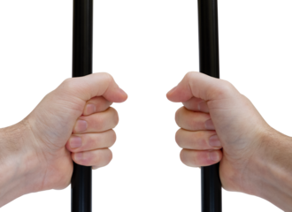 Hands holding prison bars against transparent background, imprisoned template