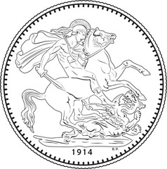 england sovereign coin year 1914 line art design handmade vector with soldier fighting dragon