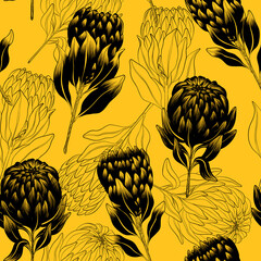 Dried proteus flowers. Graphic pattern on yellow background. Floral pattern.