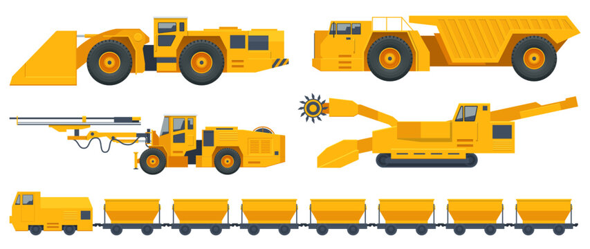 Isometric Quarry Mining Machines, Side View Mining Cart, Underground, Railway Wagon, Tunneling Drilling Rig, Underground Mining Truck and Self-Propelled Drilling Rig
