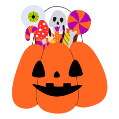 Halloween candies in pumpkin cauldron. Lollipops, candies, sugar cane and cookies. Trick or treat elements.