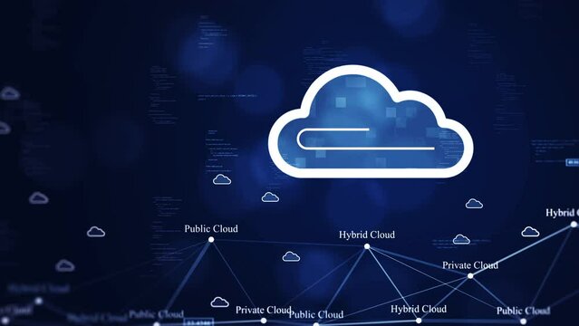 cloud computing technology concept. There is a prominent large cloud icon on the right. Interconnected binary code polygons and slow-moving small icons on dark blue background.