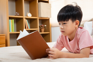 Asian boy, wearing a pink shirt, Lie flat on the bed in his room, in a comfortable posture, And in his hand holding a favorite book, he read it with intent, and had a serious expression on it.