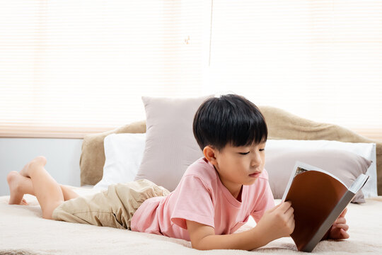 Asian boy, wearing a pink shirt, Lie flat on the bed in his room, in a comfortable posture, and in his hand holding his favorite book , he opened the picture in the book , gleefully .