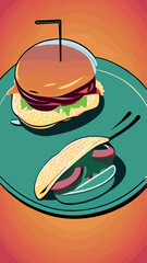 Minimal background for fast food concept. Hamburger cartoon style on background.  rendering illustration. Clipping path of each element included.