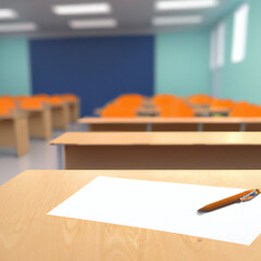 Pen and Paper on a Student's Desk in a Classroom