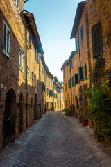 Fototapeta na wymiar San Quirico d'Orcia, Italy, 16 April 2022: View of the medieval town
