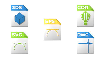 File format extensions. svg, eps, cdr, 3ds, dwg file format design icons. Transparent background. 3D Rendering