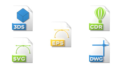 File format extensions. svg, eps, cdr, 3ds, dwg file format design icons. Transparent background. 3D Rendering