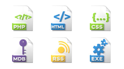 File format extensions. php, html, css, mdb, exe, rss file format programmer icons. Transparent background. 3D Rendering