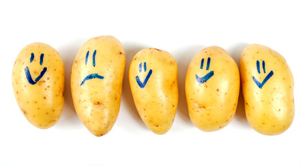 Funny image of human emotions drawing on potatoes on a white background.