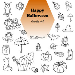 Halloween set of vector images drawn by liner, autumn doodle style.