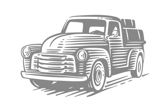 Retro pickup truck vector. Hand Drawn