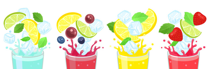 Splashing cocktails collection. Summer drink set. Vector cartoon illustration of sweet mojito, limoncello, lemonade, strawberry punch and sangria and ingredients. Chill summer alcoholic drink party.