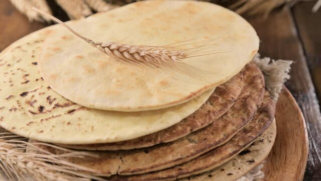 Spianata Sarda. Typical tortilla bread in italy Sardinia region. Baking bread Thin round with different flour. High quality 4k footage. 