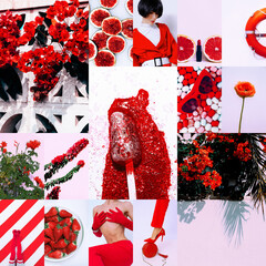 Set of trendy aesthetic photo collages. Minimalistic images of two top colors. Red and white moodboard