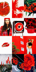 Set of trendy aesthetic photo collages. Minimalistic images of two top colors. Red and white moodboard