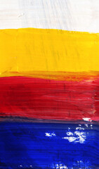 Stripes of white, yellow, red, blue colors painted with acrylic paints. Multicolored striped background - 527089939