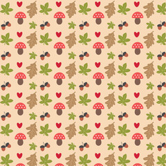 Autumn warm seamless pattern with leaves,mushrooms and acorns. Cute autumn vector illustration.