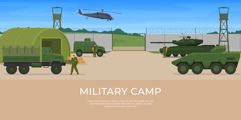 Obraz premium Military camp. Military armored vehicles and aviation equipment soldiers. Equipment for attack and defense of the country. Vector illustration on white background.