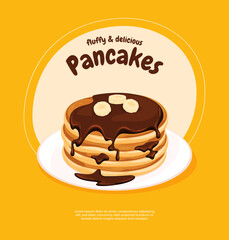 Banner Homemade Pancakes with Jams. A delicious hearty breakfast. Fried pancakes. Vector illustration