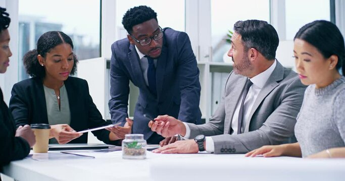 Meeting, collaboration and digital marketing team, manager and business people talking of online website design, ux or ui with a tablet. Boss with group working on a corporate strategy and planning