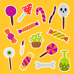 Set halloween sweets stickers. Cupcake, lollipops, candies, sugar cane and cookies. Trick or treat elements. Holiday design.