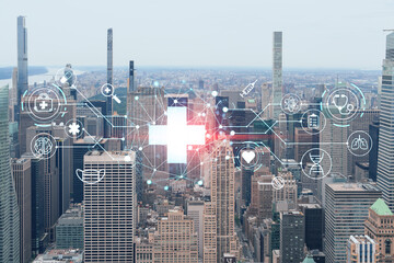 Fototapeta na wymiar Aerial panoramic city view of Upper Manhattan and Central Park, New York city, USA. Iconic skyscrapers of NYC. Health care digital medicine hologram. The concept of treatment and disease prevention