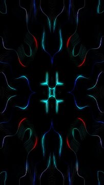 3D animation vertical beautiful video colorful abstract bright light energy 4K of smooth lines waves glittering light effect on black background