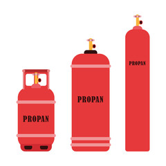 Propan cylinders with high pressure and valves. Propane cylinders dangerous, explosive. Metal tanks with industrial liquefied compressed oxygen, oil, petroleum, LPG propane gas containers bottles set