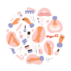 Manicure tools set. Women's hand and accessories collection. Products for nail care in the salon or at home. Beauty treatment aesthetic. Vector illustration in cartoon style. Isolated white background