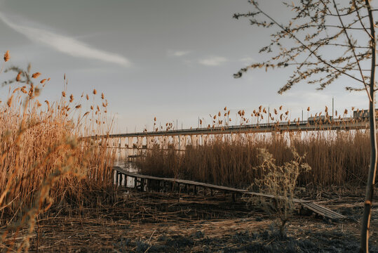 Ukraine, Kherson, Antonovskiy Bridge across the Dnieper. Photo of an entire bridge in 2021. View of Kherson bridge.