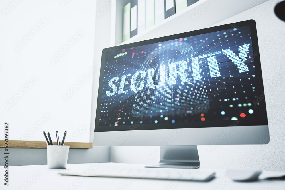 Poster cyber security creative concept on modern laptop monitor. 3d rendering