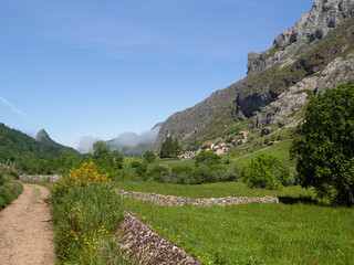 Vistas del camino con curvas, del valle de Somiedo, con un paisaje de naturaleza verde con montañas al fondo paseando por Asturias, en verano de 2021