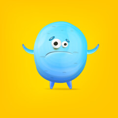 Vector cartoon funny blue alien monster isolated on yellow background. Sad silly blue monster print sticker design template. Cute sad Ghost, troll, gremlin, goblin, devil and halloween monster