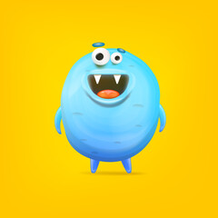 Vector cartoon funny blue alien monster isolated on yellow background. Smiling silly blue monster print sticker design template. Cute Ghost, troll, gremlin, goblin, devil and halloween monster