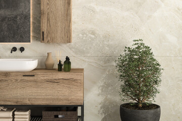 Close up bathroom furniture with white sink, accessories, marble wall, plant. Square mirror is hanging on  wall. Stand  for cosmetics, copy space, mock up.3d rendering
