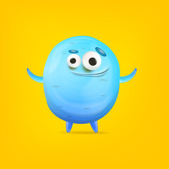 Vector cartoon funny blue alien monster isolated on yellow background. Smiling silly blue monster print sticker design template. Cute Ghost, troll, gremlin, goblin, devil and halloween monster