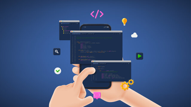 Concept of programming or developing software or game on phone. Vector 3d illustration with coding symbols, programming windows and phone in hands. Concept of coding and computer engineering.