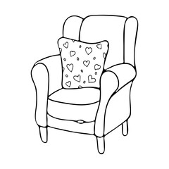 Armchair with pillow with hearts outline doodle vector illustration for Coloring book for kid