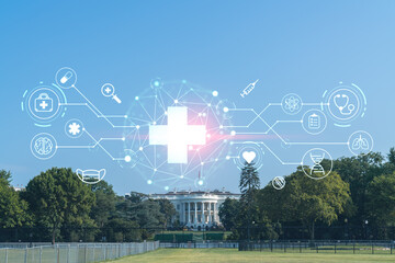 The White House on sunny day, Washington DC, USA. Executive branch. President administration. Health care digital medicine hologram. The concept of treatment and disease prevention - obrazy, fototapety, plakaty