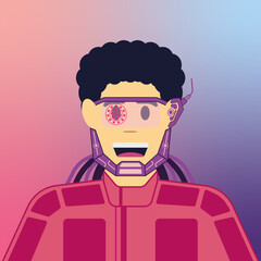 Man from the future from the cyberpunk universe, the metaverse. Technologies of the future are already here. Man with implants and additional energy sources wearing holographic glasses. Icon person